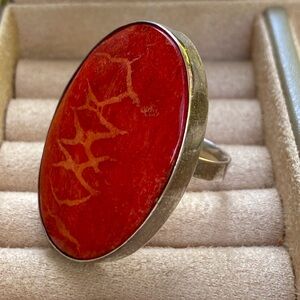Genuine Natural Red Coral Sterling Silver Ring